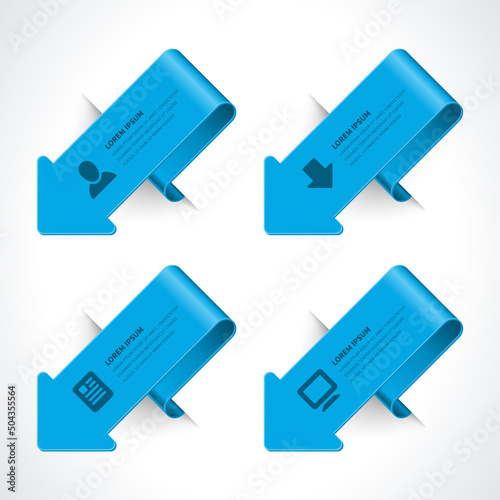 Glossy blue metallic curved arrows infographics scheme abstract business workflow structure visualization realistic template vector illustration. Wave directional pointers information flowchart option