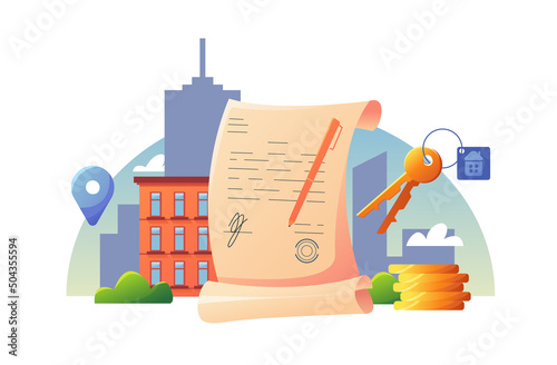 Entering into a real estate contract. Renting or buying a house. Vector cute Illustration in cartoon style.