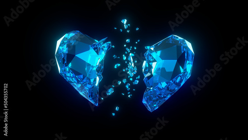 Broken Ice Crystal heart on dark background 3d render