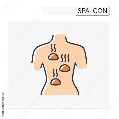 Beauty procedure color icon. Hot stone massage on back. Relaxing and easing tense muscles. Cosmetology. Spa concept. Isolated vector illustration