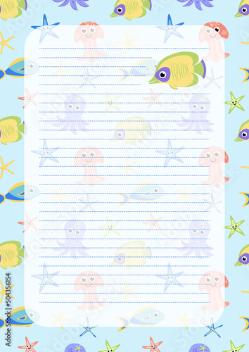 Note paper or notebook sheet with sea fish. Flat, cartoon, vector