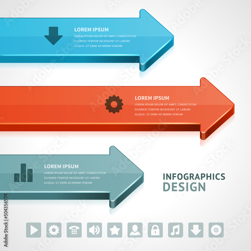 Isometric horizontal arrows business infographics scheme analyzing web icons set realistic template vector illustration. Information diagram data module flowchart education visualization menu options