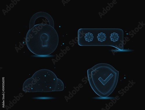 3d grid wireframe cloud storage sign. Cloud computing icon, big data, database symbol on dark background.Futuristic, technological vector illustration