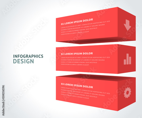 Red isometric rectangular geometric blocks business infographics scheme flowchart realistic template vector illustration. Geometry figure shape information visualization marketing plan steps isolated