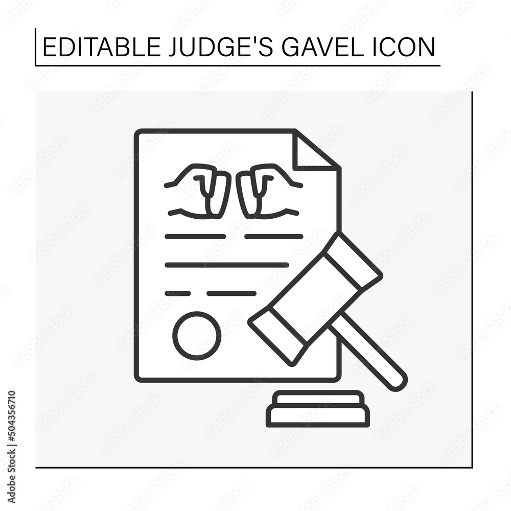 Document line icon. Conflict resolution in court. Judge decision. Judge gavel concept. Isolate vector illustration. Editable stroke Document line icon. Conflict resolution in court. Judge decision. Judge gavel concept. Isolate vector illustration. Editable stroke