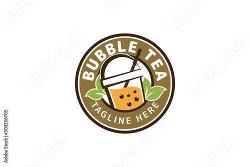 Bubble tea logo with vintage style. Emblem bubble tea logo.