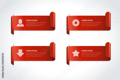 Red glossy curved bookmark paper banner horizontal business infographics scheme realistic template vector illustration. Marketing information options structure curly twisted blank wave spiral design