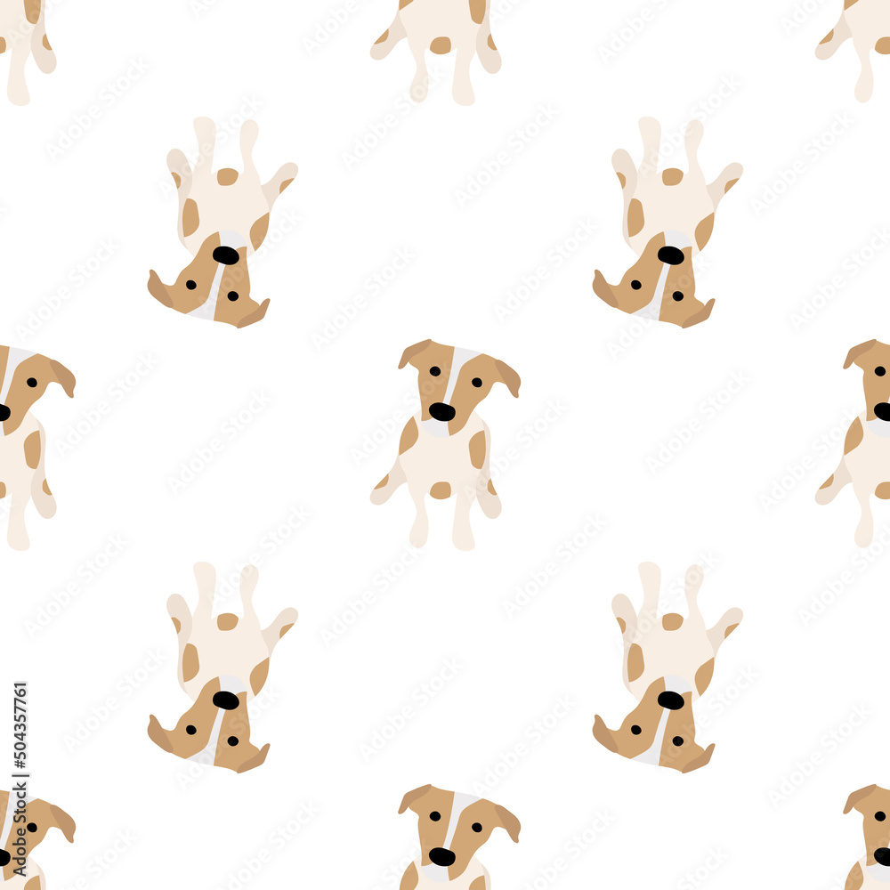 Cute dogs Jack Russell Terrier. Fanny animals . Vector hand drawn seamless pattern. Perfect for baby, kids apparel, print design, textile. White background. Cute dogs Jack Russell Terrier. Fanny animals . Vector hand drawn seamless pattern. Perfect for baby, kids apparel, print design, textile. White background.