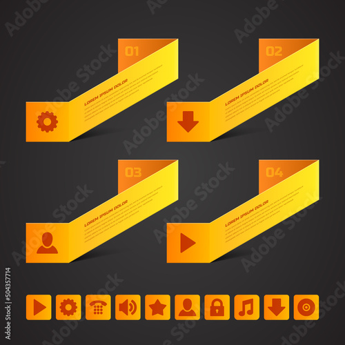 Abstract yellow folded paper geometric figure business scheme web icons set realistic template vector illustration. Information blank visualization digital bar steps options user interface flowchart