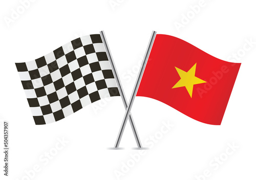 Checkered (racing) and Vietnam crossed flags, isolated on white background. Vector icon set. Vector illustration.