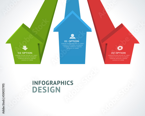 Realistic multicolored upward geometric angled arrows business infographic scheme template vector illustration. Up directional dynamic information workflow marketing presentation steps visualization