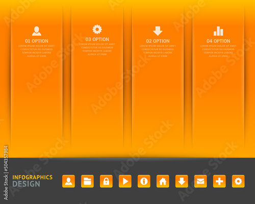 Geometric orange rectangle infographics scheme banner with web icons set realistic template vector illustration. Information business steps options visualization report marketing strategy analyzing