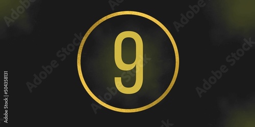 Number 9. Banner with the number nine on a black background and gold details with a circle gold in the middle photo