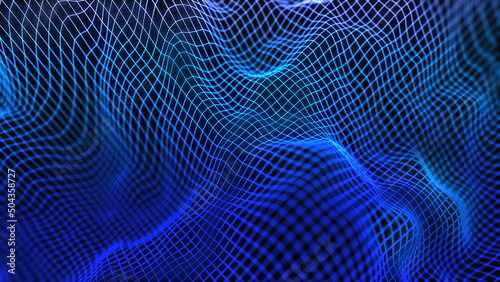 Three dimensional trends. Blue glowing grid with peaks and dips. Shallow depth of field. 3d illustration, 3D render.
 photo