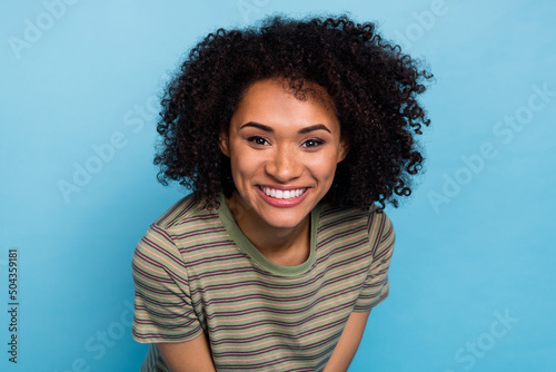Portrait of nice pretty lady smiling hollywood shine silky flawless skin procedure isolated on blue color background © deagreez