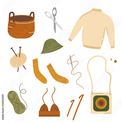 Knitted items set such as basket, sweater, top, bag, etc.