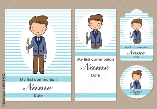 First communion card, bookmark, label and sticker set for children 