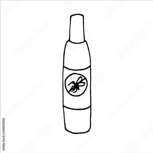 Insect repellent spray camping outline vector. Mosquitoes and biting midges attack black and white illustration. Pest control, Natural mosquito repellent aerosol doodle