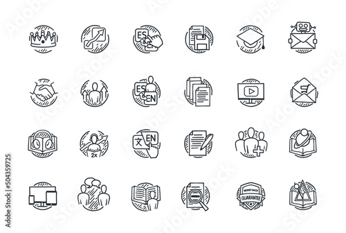 Set vector drawn icons. Designations icons for mobile devices and Internet and website. High-quality icons. Linear set icons for business, medicine, UI UX, media money messages. Icons drawn in strokes