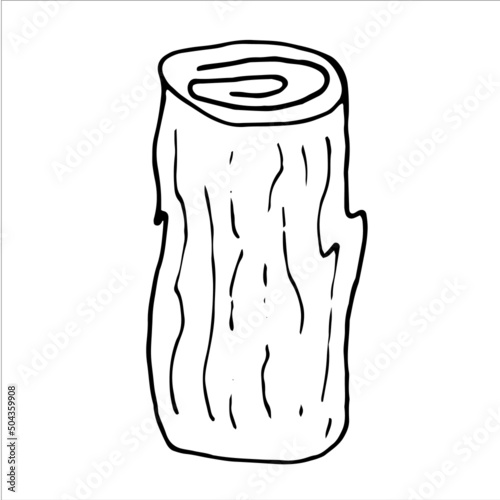 Wooden log, trunk, lumber elements, vector doodles. The outline of a chopped tree trunk. Firewood, boards, two legs with bark texture, doodle illustration.