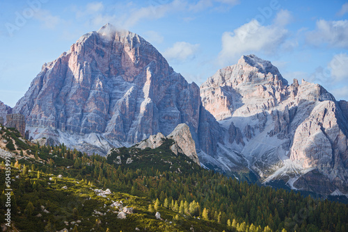 the tofane group: one of the most famous and spectacular mountains in the dolomites, near the town of Cortina d'Ampezzo - October 2021. photo