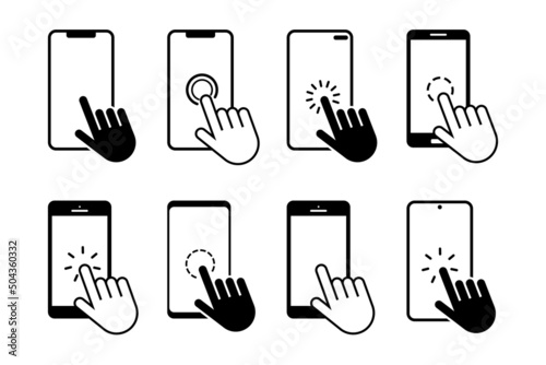 Hand touch screen smartphone vector icons.Hand click.Smarttphone simple line icon.Click on the smartphone.Touch screen display.