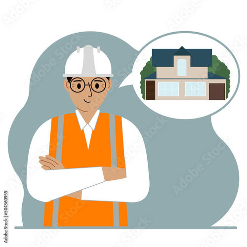 The constructor is thinking about building a house. A smiling man in a hardhat and a vest is planning a work process. Engineer, house construction concept.