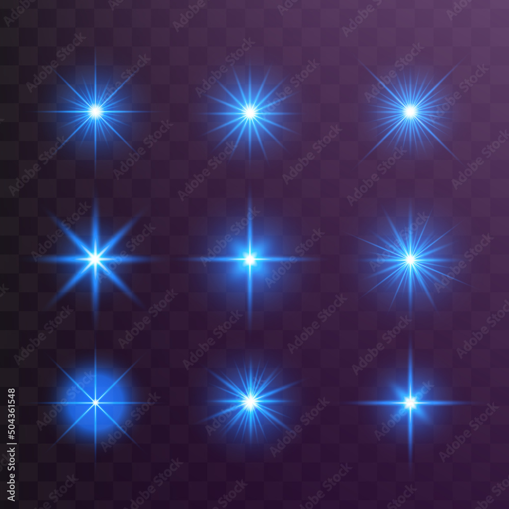 Set of glowing light stars with sparkles. Transparent shining sun, star explodes and bright flash. Blue bright illustration starburst. Set of glowing light stars with sparkles. Transparent shining sun, star explodes and bright flash. Blue bright illustration starburst.