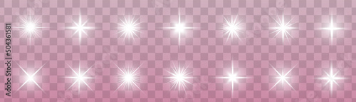 Set of glowing light stars with sparkles. Transparent shining sun, star explodes and bright flash. White bright illustration starburst.