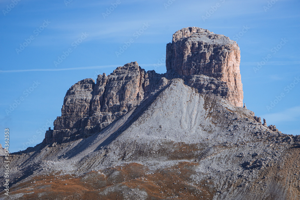 the peaks of the dolomites during autumn, one of the many unesco sites in the italian alps, near the town of Cortina d'ampezzo, Italy - October 2021.