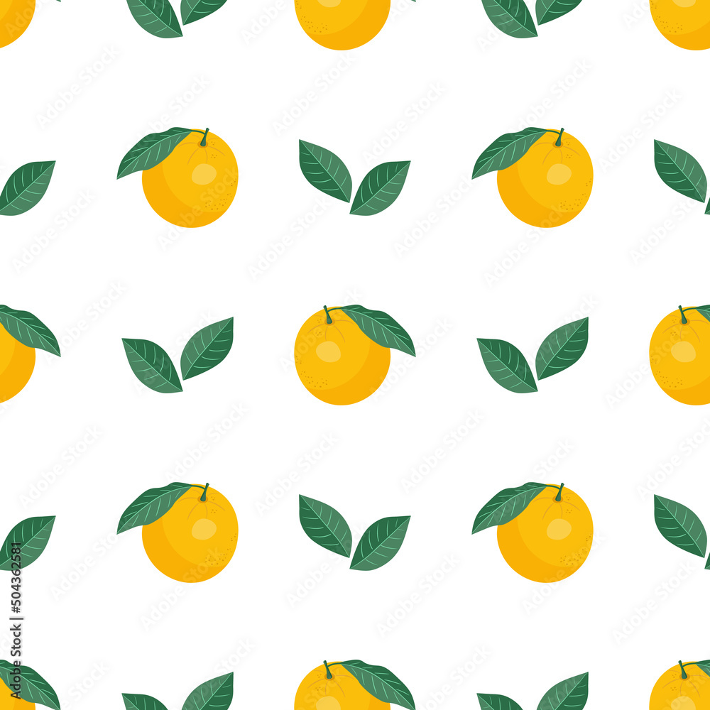 Seamless pattern of oranges and leaves on white.