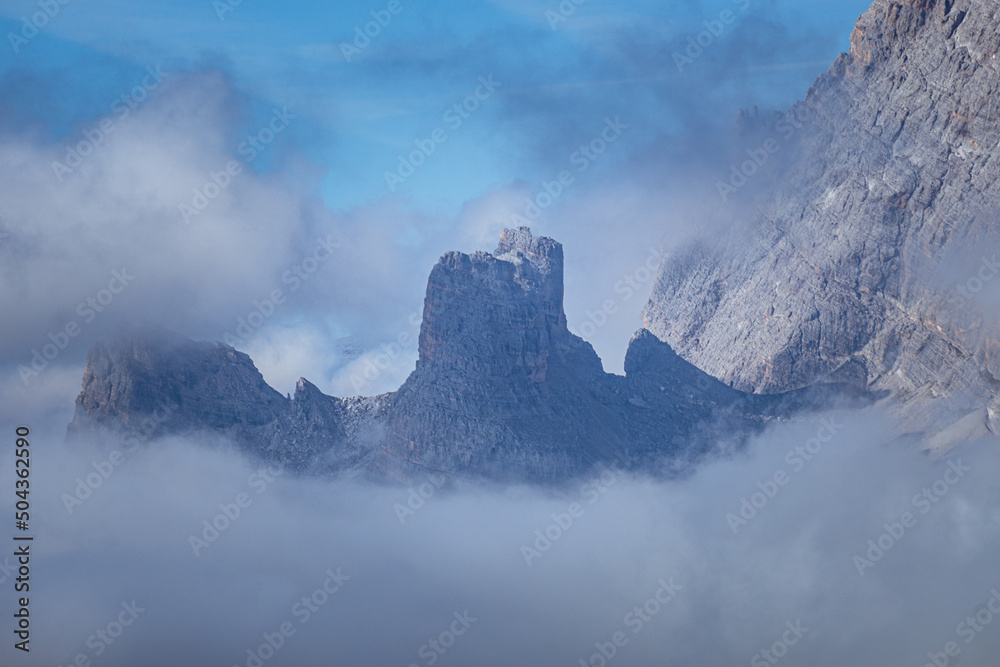 The breathtaking landscapes of the Dolomites during a beautiful early autumn morning, near the town of Auronzo di Cadore, Italy - October 2021.
