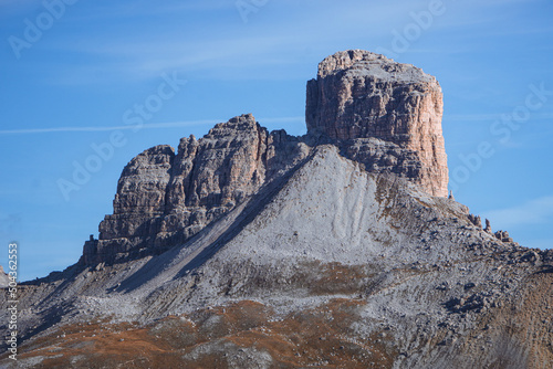 the peaks of the dolomites during autumn, one of the many unesco sites in the italian alps, near the town of Cortina d'ampezzo, Italy - October 2021.