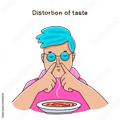 Distortion of tastes and smells. Loss of smell concept. A fashionable man pinches his nose with his hands at the sight of a plate. Vector hand drawn illustration