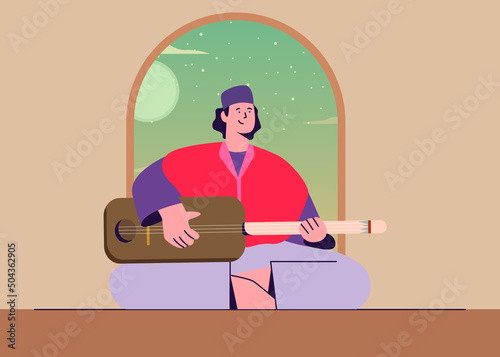 gnawa holding a Guembri on a moroccan door. Gnaoua illustration. Gembri vector design.