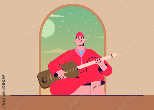 gnawa holding a Guembri on a moroccan door. Gnaoua illustration. Gembri vector design.