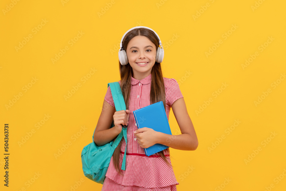 happy childhood. child with school bag. music. happy teen girl carry backpack. back to school happy childhood. child with school bag. music. happy teen girl carry backpack. back to school