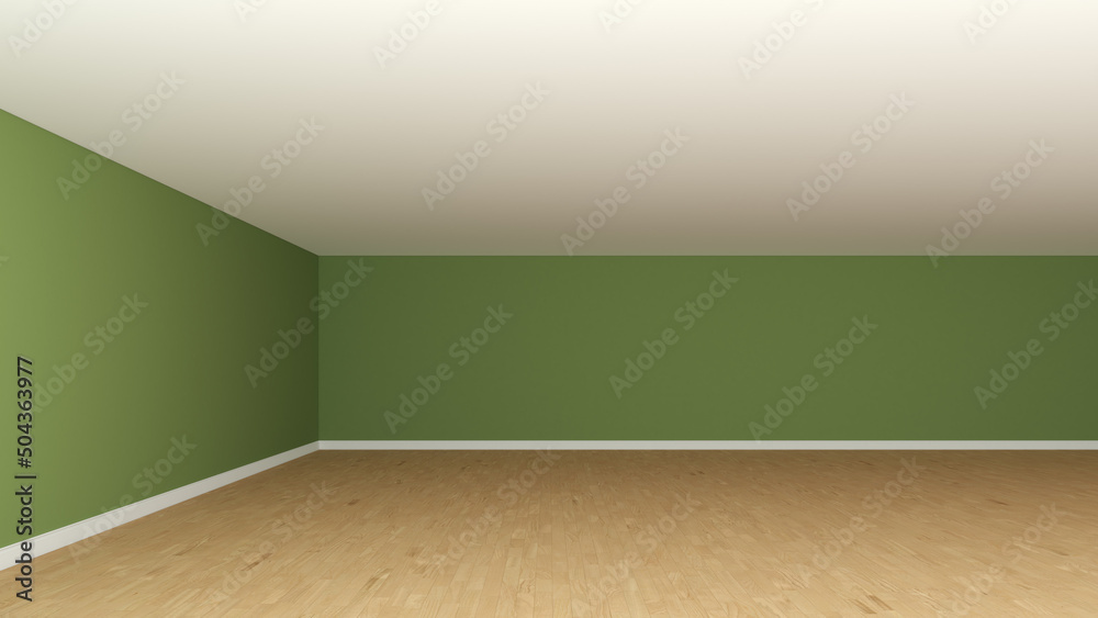 Beautiful Empty Room Corner without Furniture, Frontal View. Interior Concept with Green Walls, White Ceiling, Wooden Parquet Floor and a White Plinth. 3d illustration, 8K Ultra HD, 7680x4320, 300 dpi Beautiful Empty Room Corner without Furniture, Frontal View. Interior Concept with Green Walls, White Ceiling, Wooden Parquet Floor and a White Plinth. 3d illustration, 8K Ultra HD, 7680x4320, 300 dpi