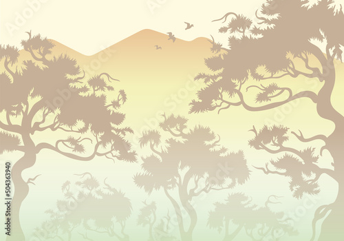 Morning wood panorama, pine trees and mountains silhouettes. Vector forest hiking background. Landscape in pastel colors trees in the fog. Forest in the fog against the backdrop of mountains
