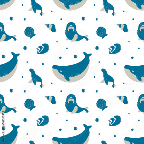 Marine animals, shells, waves, bubbles in blue and grey colors. Inhabitants of the sea world, cute, funny creatures on the seamless pattern. Flat cartoon illustration. photo