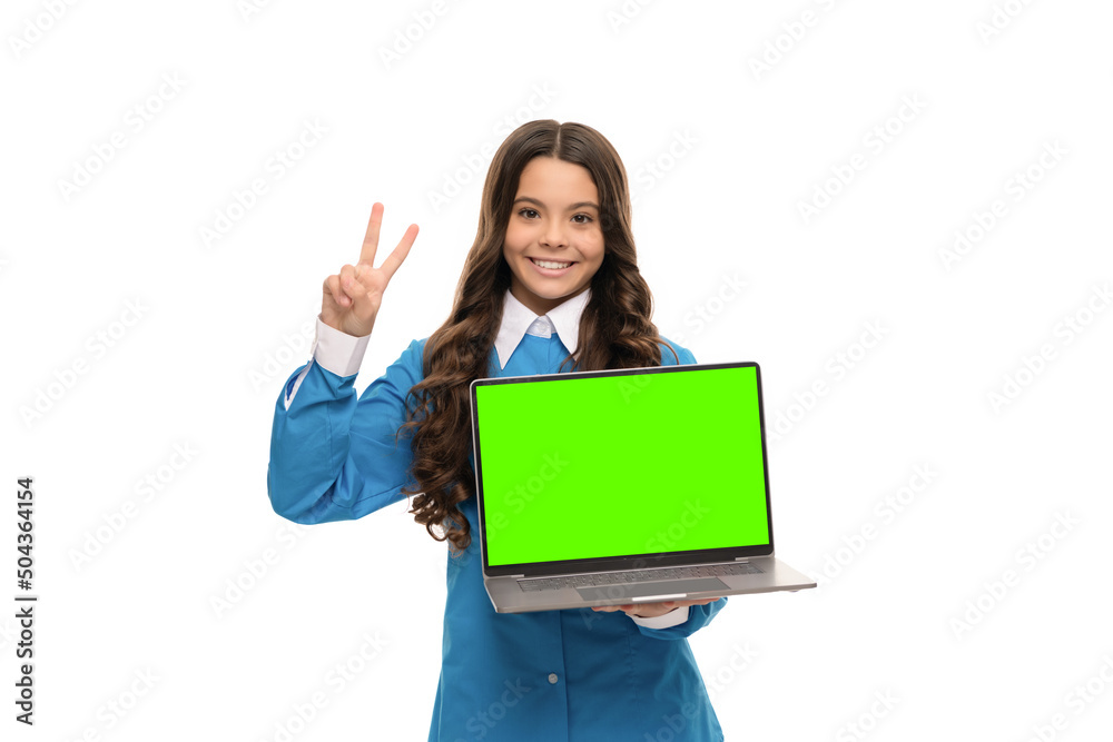 teen girl show laptop presentation. webinar at online education. back to school. teen girl show laptop presentation. webinar at online education. back to school.