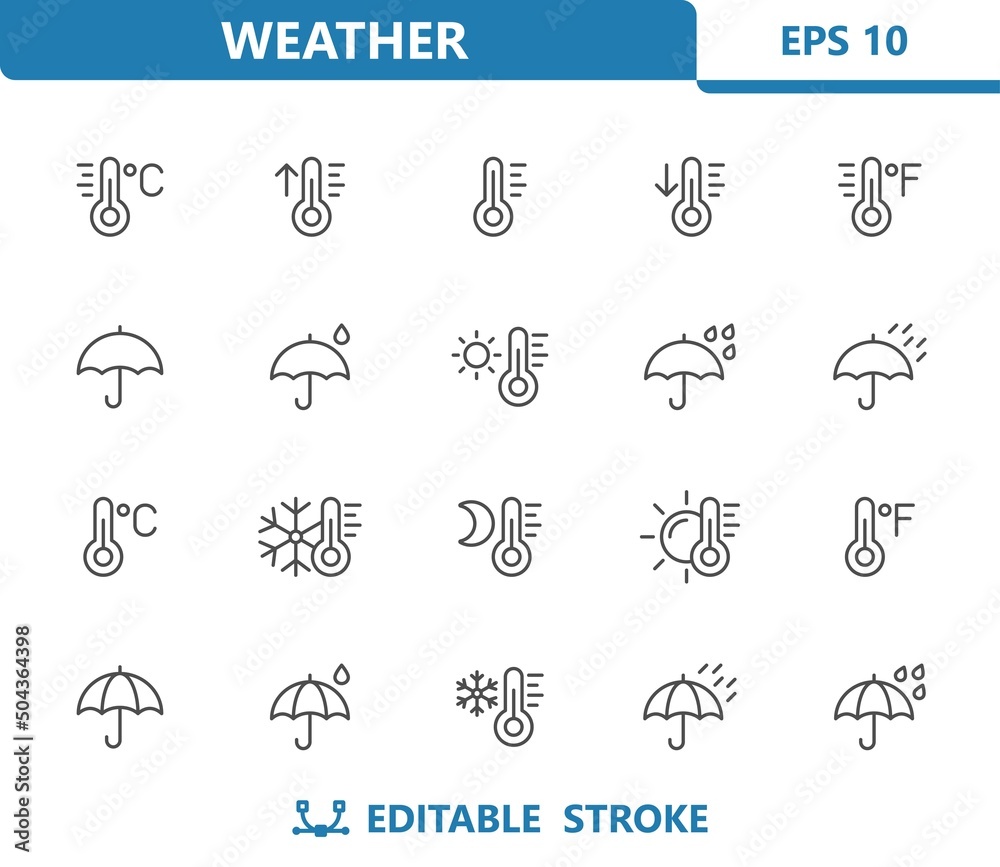 Weather Icons - Forecast, Thermometer, Temperature, Umbrella, Rain, Raining