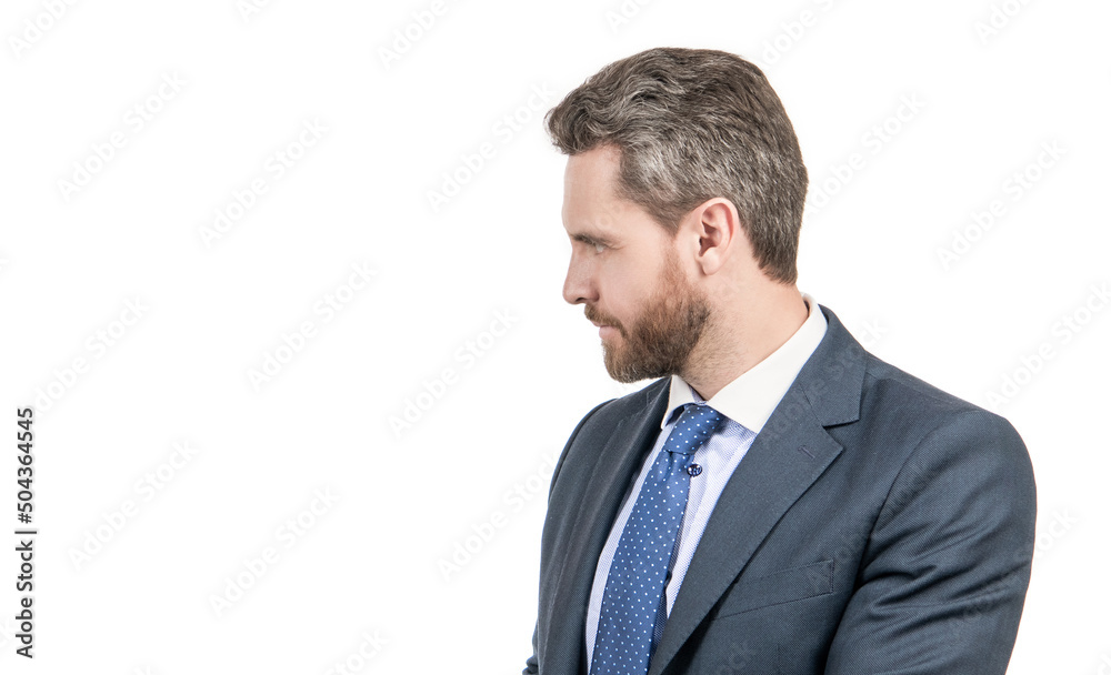 Experience with excellency. Serious director isolated on white. Profile portrait of executive director Experience with excellency. Serious director isolated on white. Profile portrait of executive director