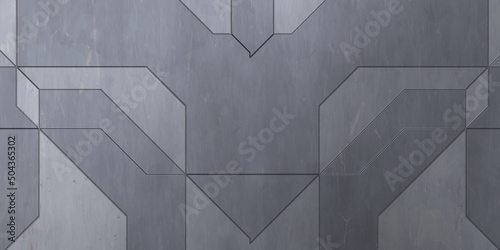Fototapeta Naklejka Na Ścianę i Meble -  Futuristic conceptual design background. Spaceship texture wallpaper. Brushed technology pattern surface. 3D illustration. Symmetrical SciFi panels wall.