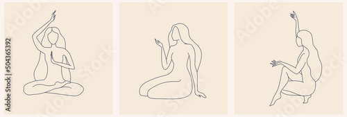 Set of logos in minimalistic linear style with beautiful esoteric female silhouette. For hairdressers, beauty salons, organic cosmetics, spas, prints, jewelry store.
