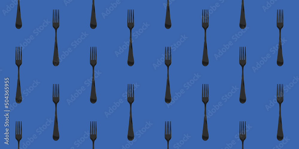pattern. Fork top view on blue background. Template for applying to surface. Flat lay. Banner for insertion into site. 3D image. 3D rendering.