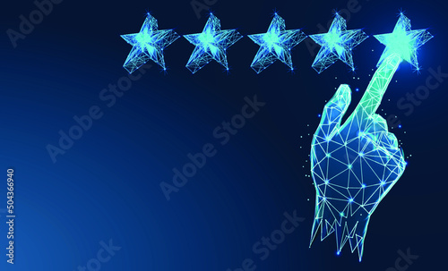 Customer hand review feedback five star rating service or product quality positive ranking background of best evaluation user experience success business rate and finger point satisfaction 5 score. 