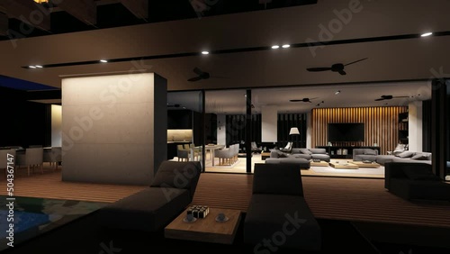 4K video rendering of modern cozy house with parking and pool for sale or rent with wood plank facade and beautiful landscaping on background. Fly-walk with light on