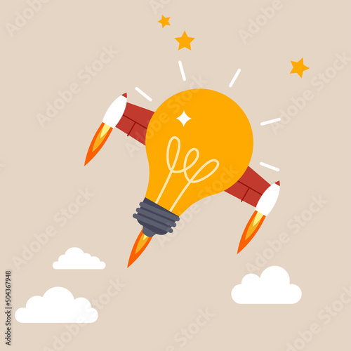 Bright lightbulb idea with rocket booster flying fast into the sky. Boost creative idea, imagination, innovation or technology to help success, invent new solution to win business competition concept.