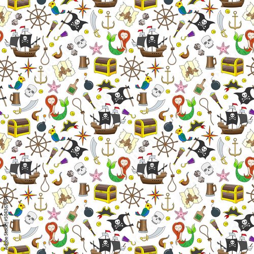 Seamless illustration of the topic of piracy and Maritime travel color icons on a white background